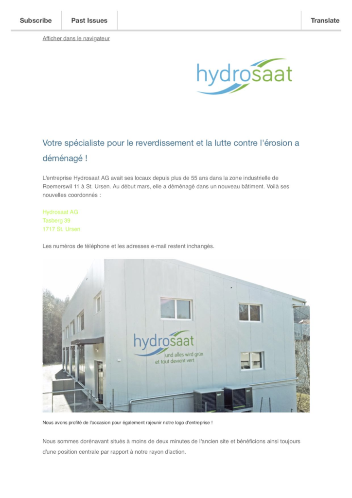 Newsletter - Hydrosaat AG a déménagé
